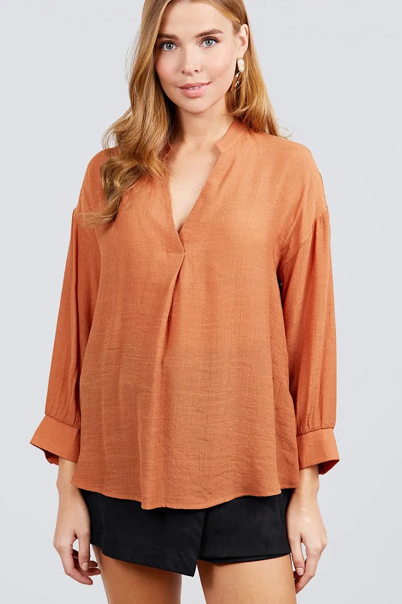 3/4 Cuff Sleeve V-neck W/collar Woven Top