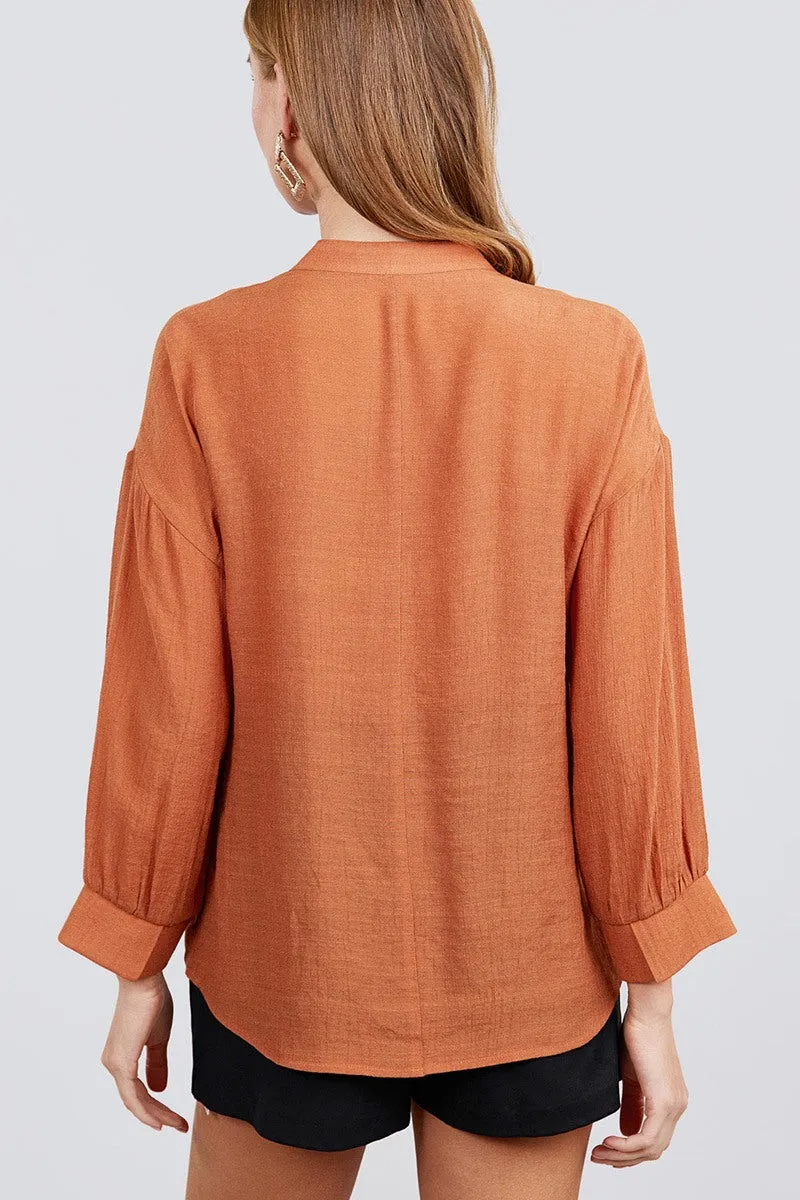 3/4 Cuff Sleeve V-neck W/collar Woven Top