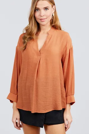 3/4 Cuff Sleeve V-neck W/collar Woven Top