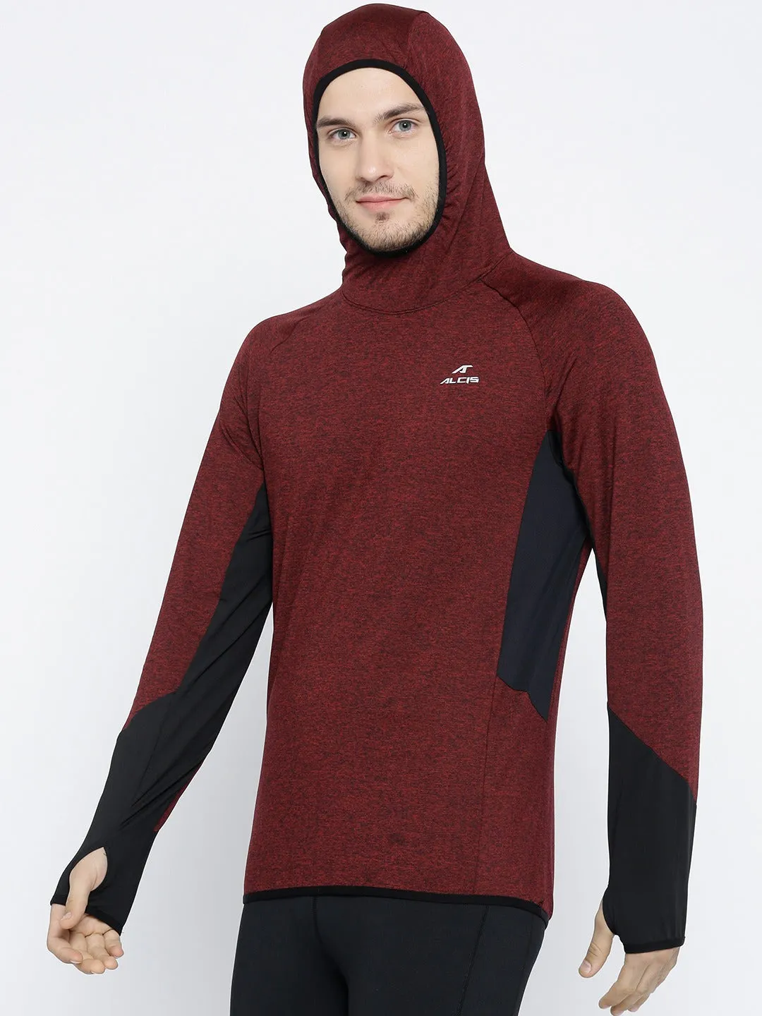 Alcis Men Maroon Black Solid Hooded Sweatshirt