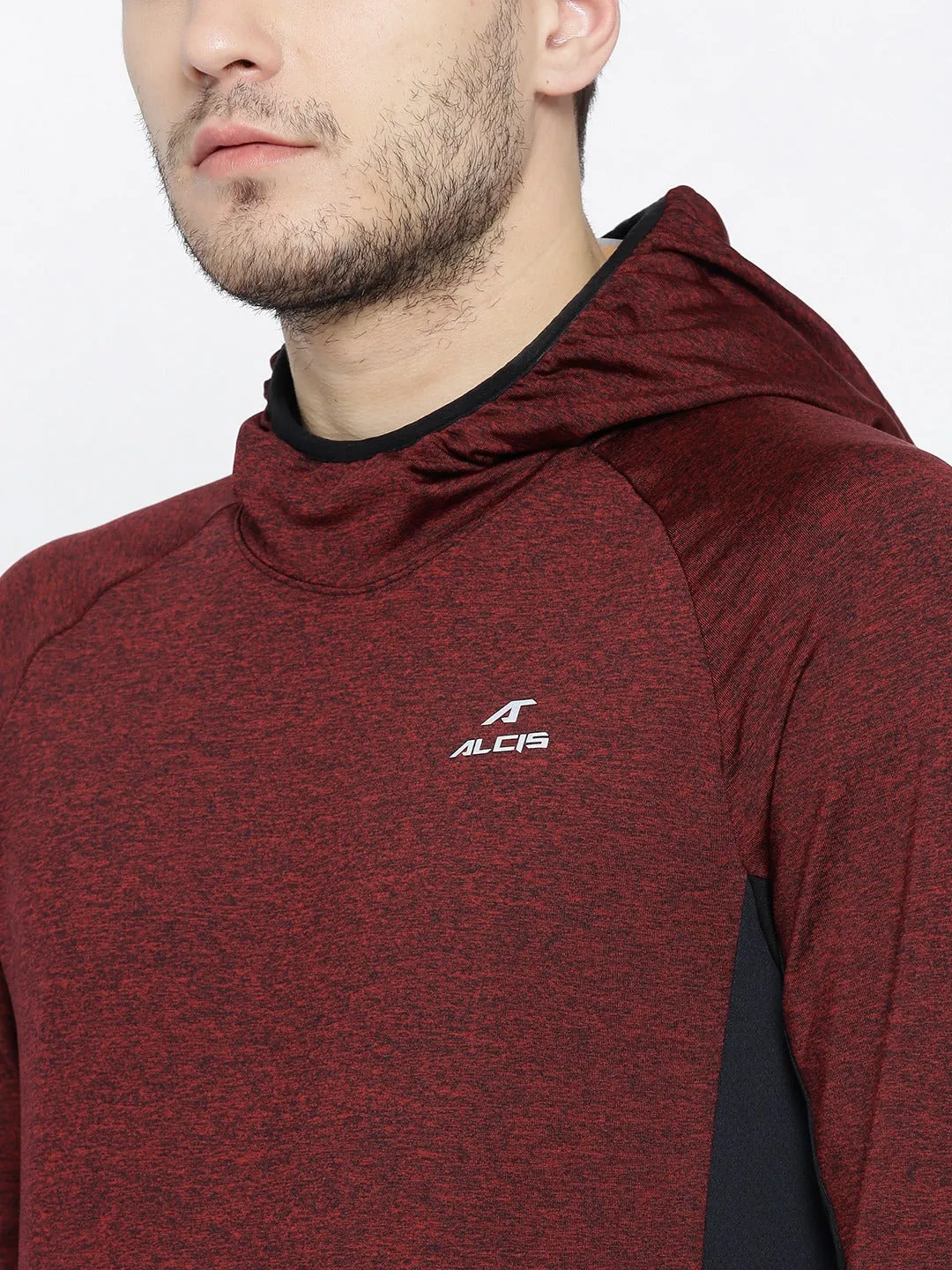 Alcis Men Maroon Black Solid Hooded Sweatshirt