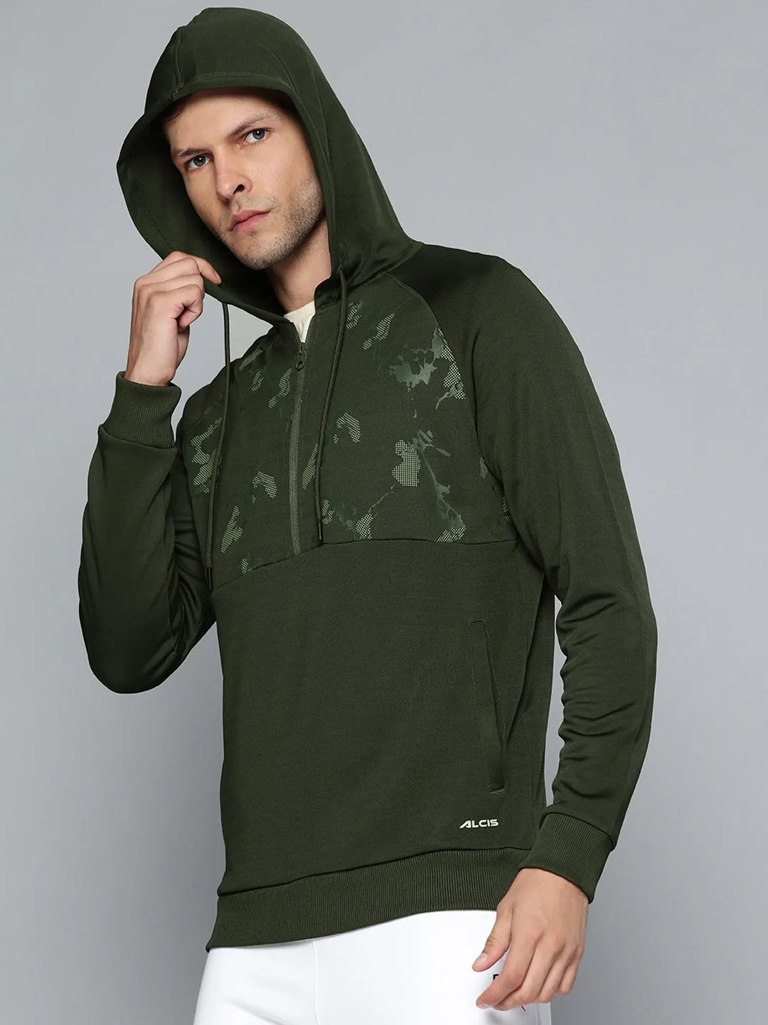Alcis Men Olive Green Abstract Printed Hooded Sweatshirt