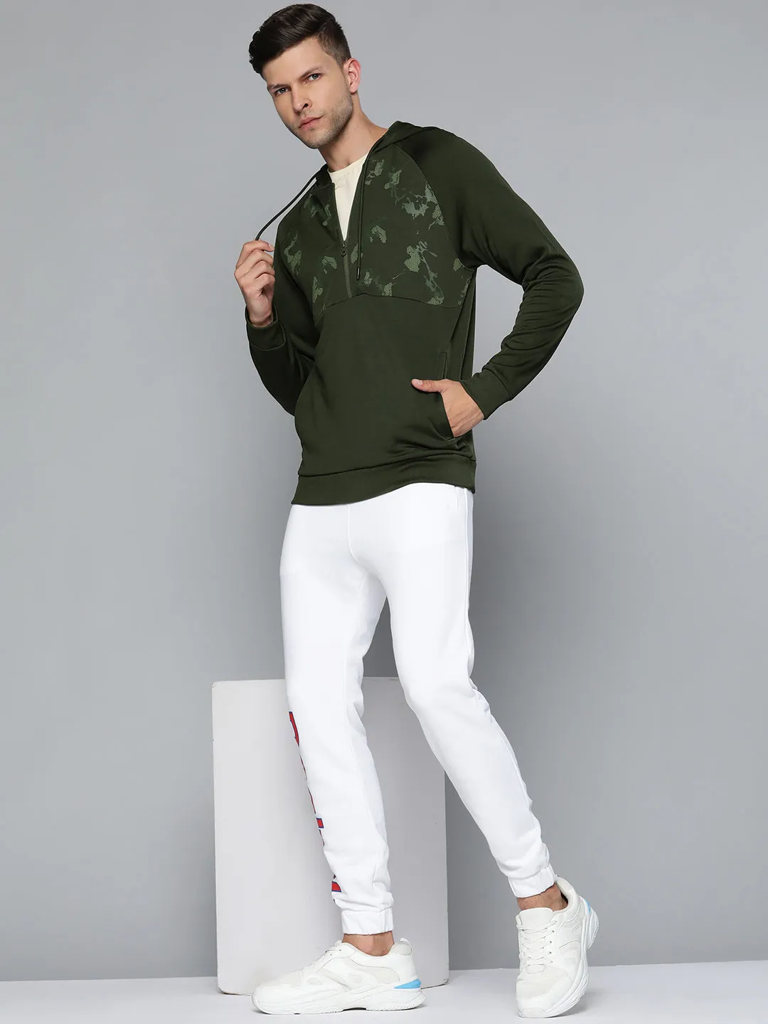 Alcis Men Olive Green Abstract Printed Hooded Sweatshirt