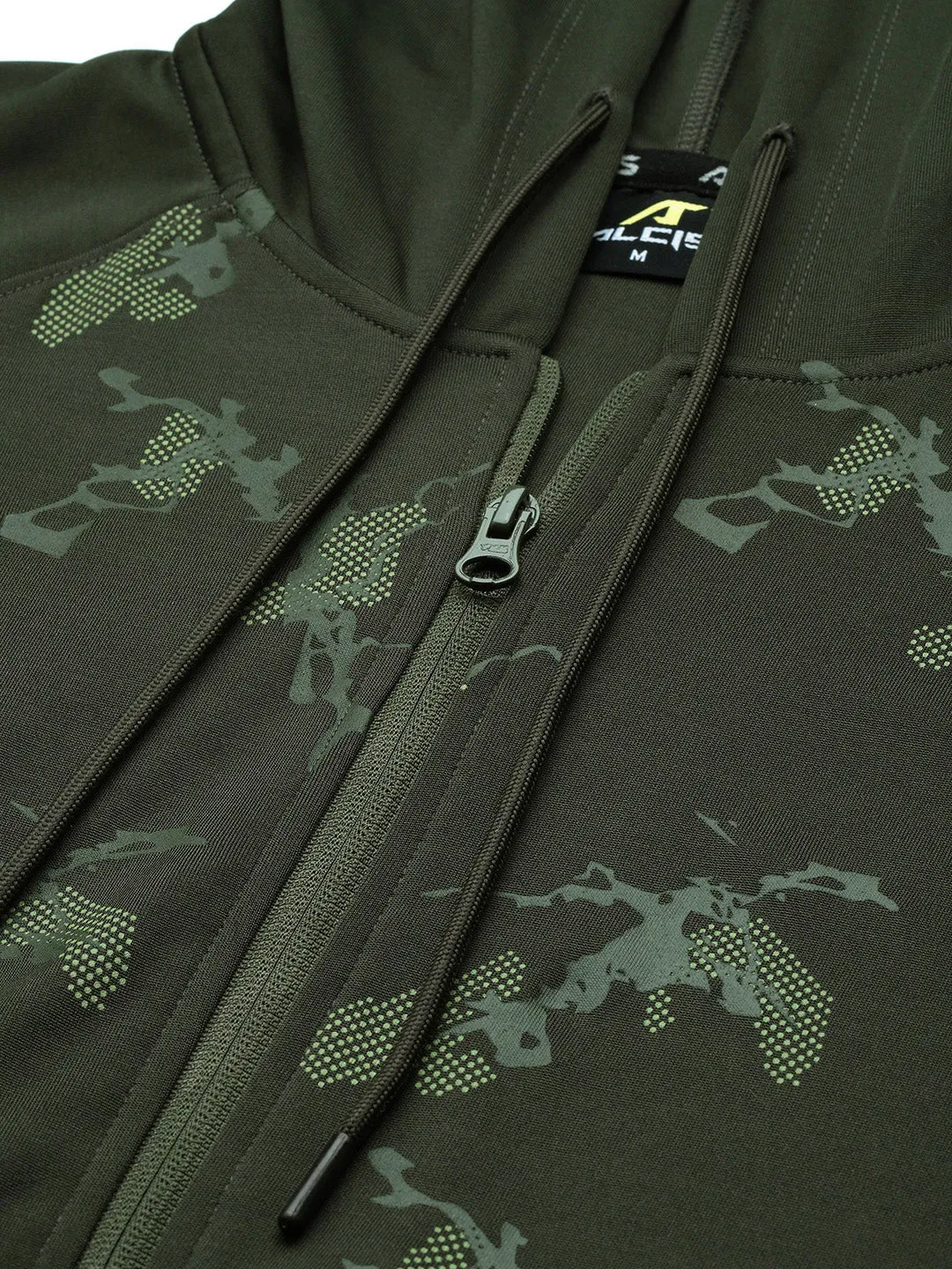 Alcis Men Olive Green Abstract Printed Hooded Sweatshirt