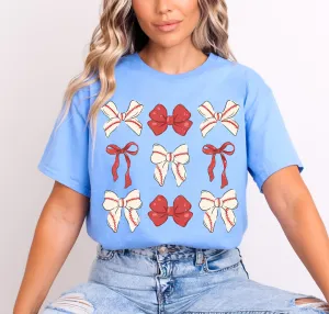Baby Blue Bella Canvas or Comfort Colors Baseball Bows Tee - Toddler, Youth, and Adult Sizes