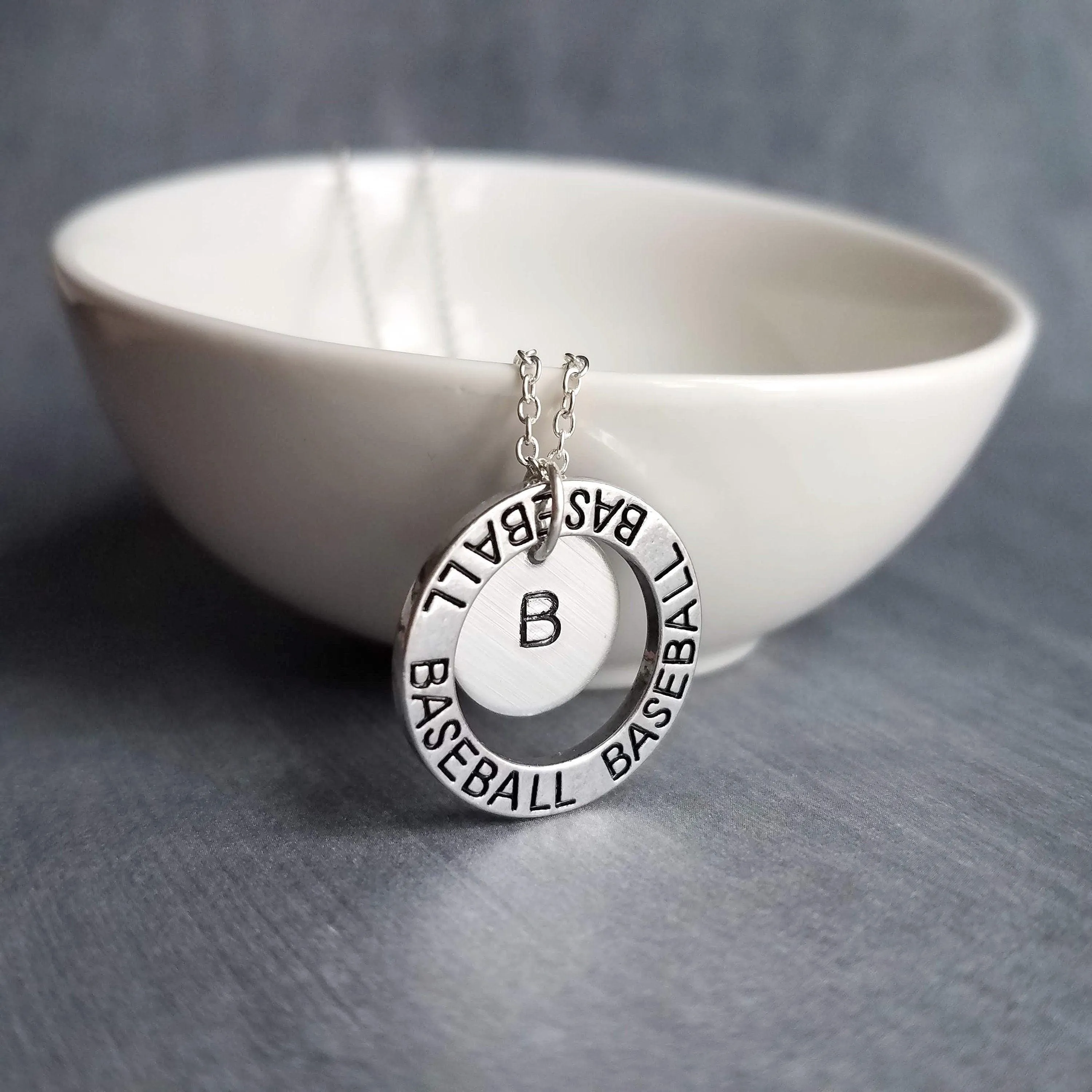 Baseball Necklace, silver baseball mom necklace, personalized necklace, initial letter number pendant, player coach team mom game fan gift