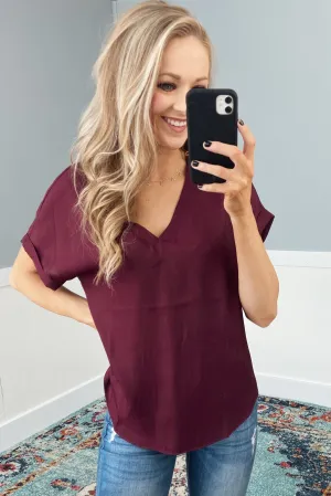Basic Beauty V-Neck Short Sleeve Top- Burgundy