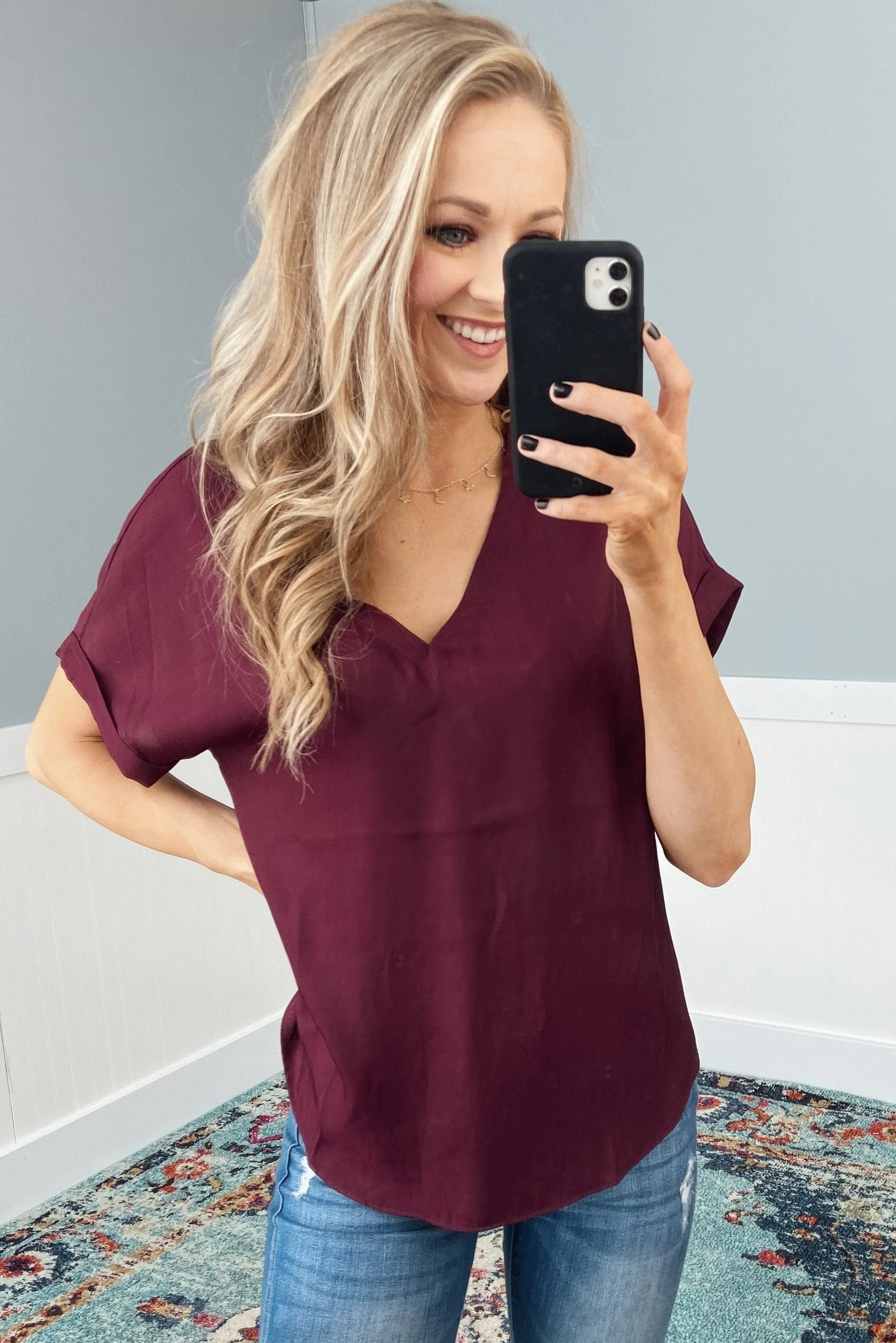 Basic Beauty V-Neck Short Sleeve Top- Burgundy