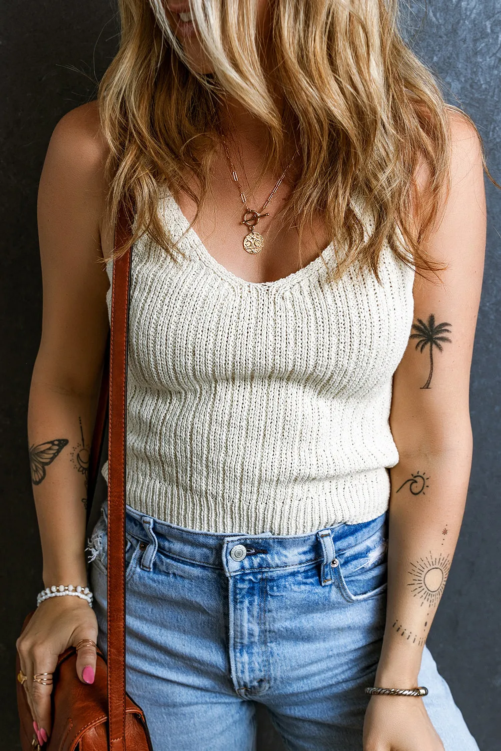Beige Textured Knit V Neck Slim Tank Top
