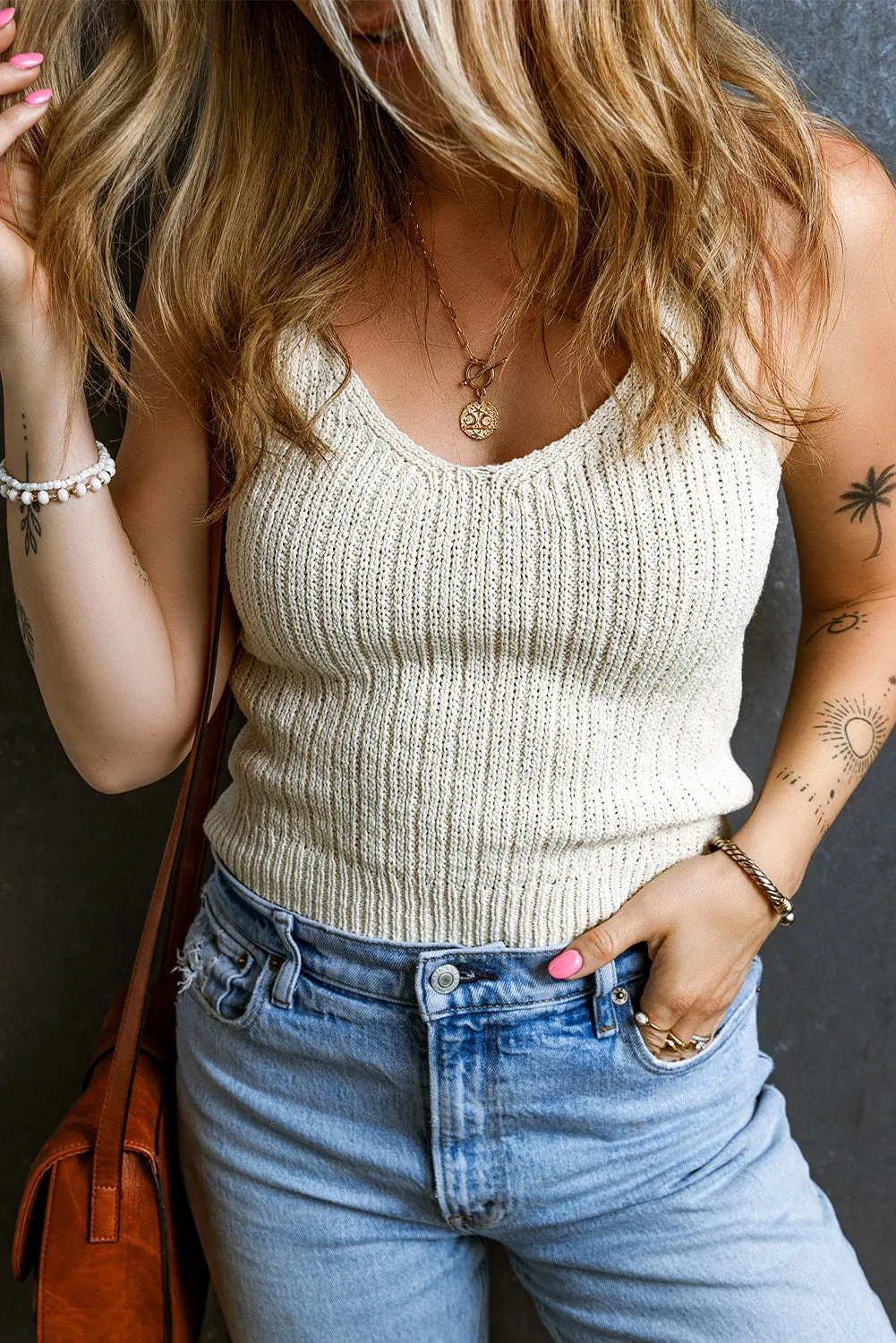 Beige Textured Knit V Neck Slim Tank Top