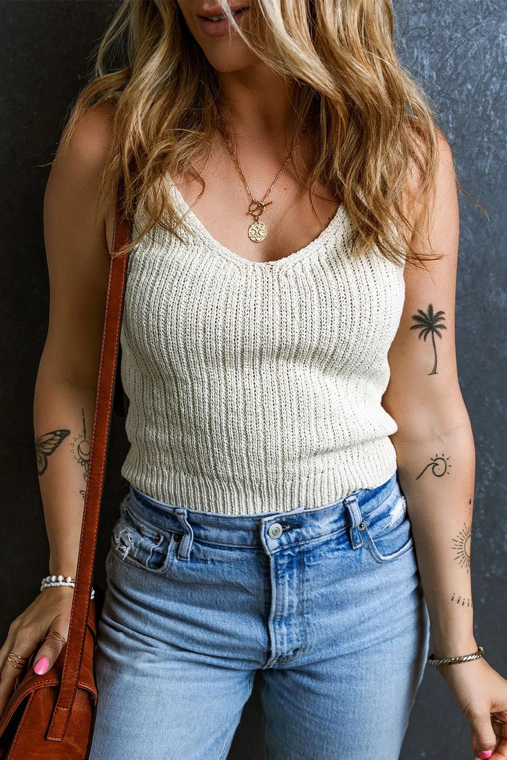 Beige Textured Knit V Neck Slim Tank Top