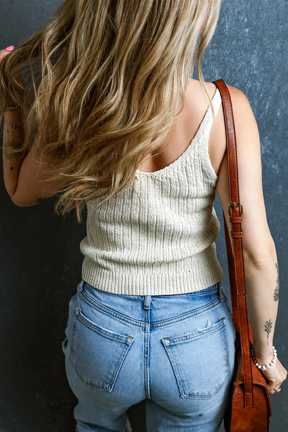 Beige Textured Knit V Neck Slim Tank Top