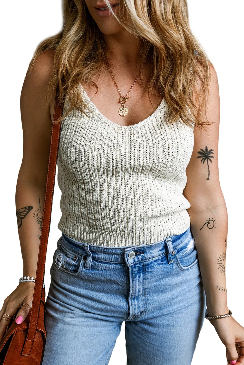 Beige Textured Knit V Neck Slim Tank Top