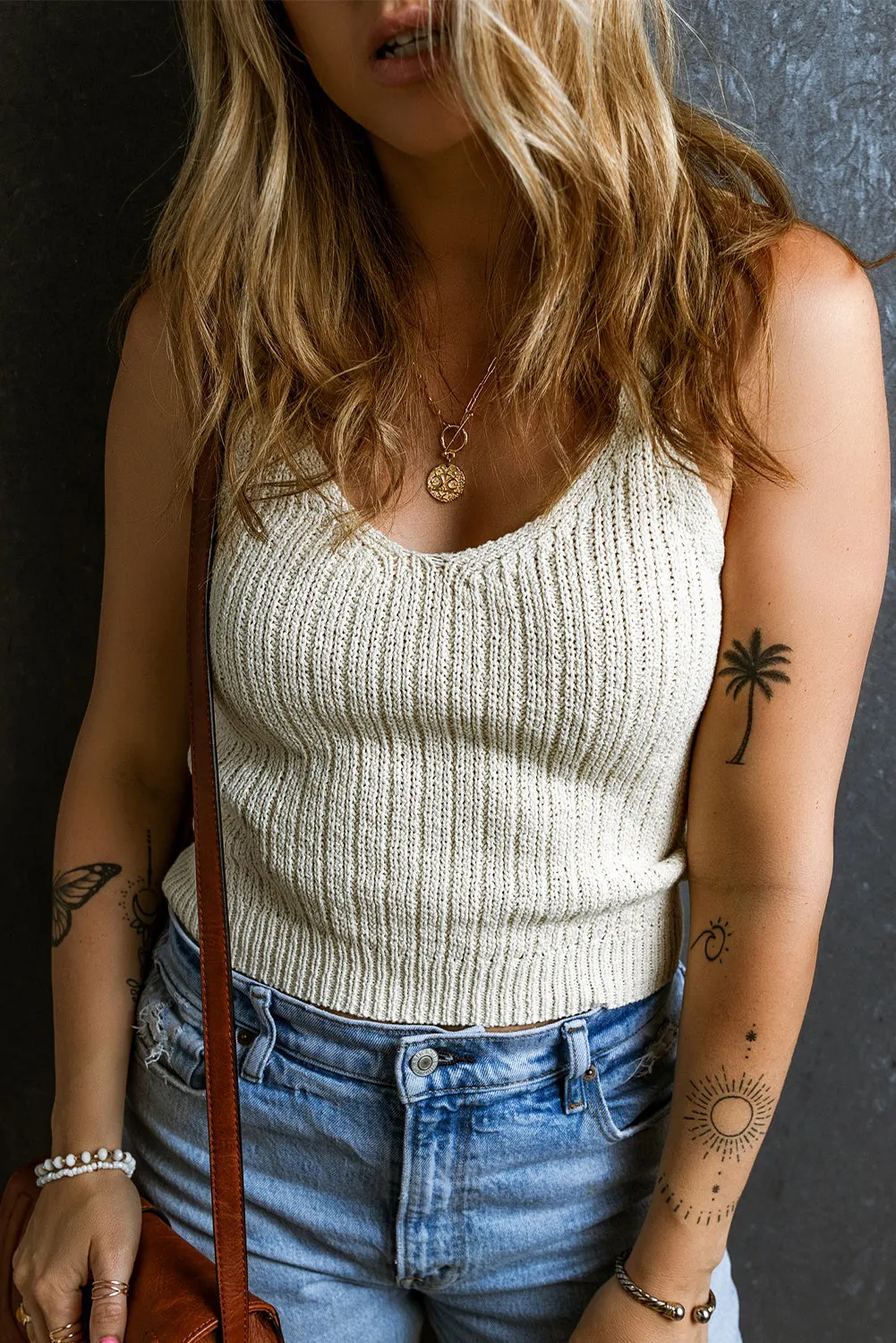 Beige Textured Knit V Neck Slim Tank Top