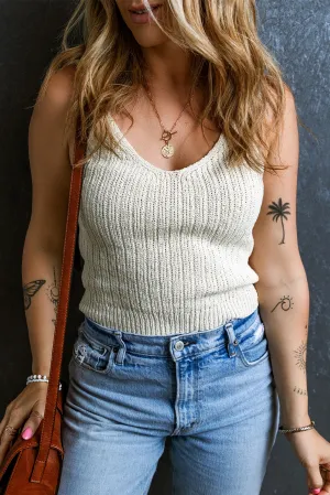 Beige Textured Knit V Neck Slim Tank Top