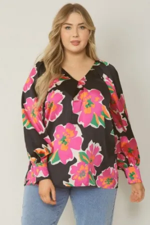 Black   Fuchsia Satin Floral V Neck Blouse