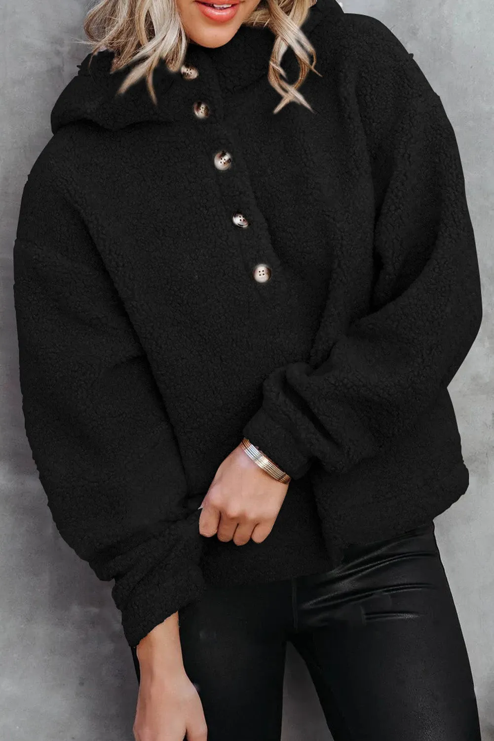Black Half Button Hooded Loose Teddy Sweatshirt
