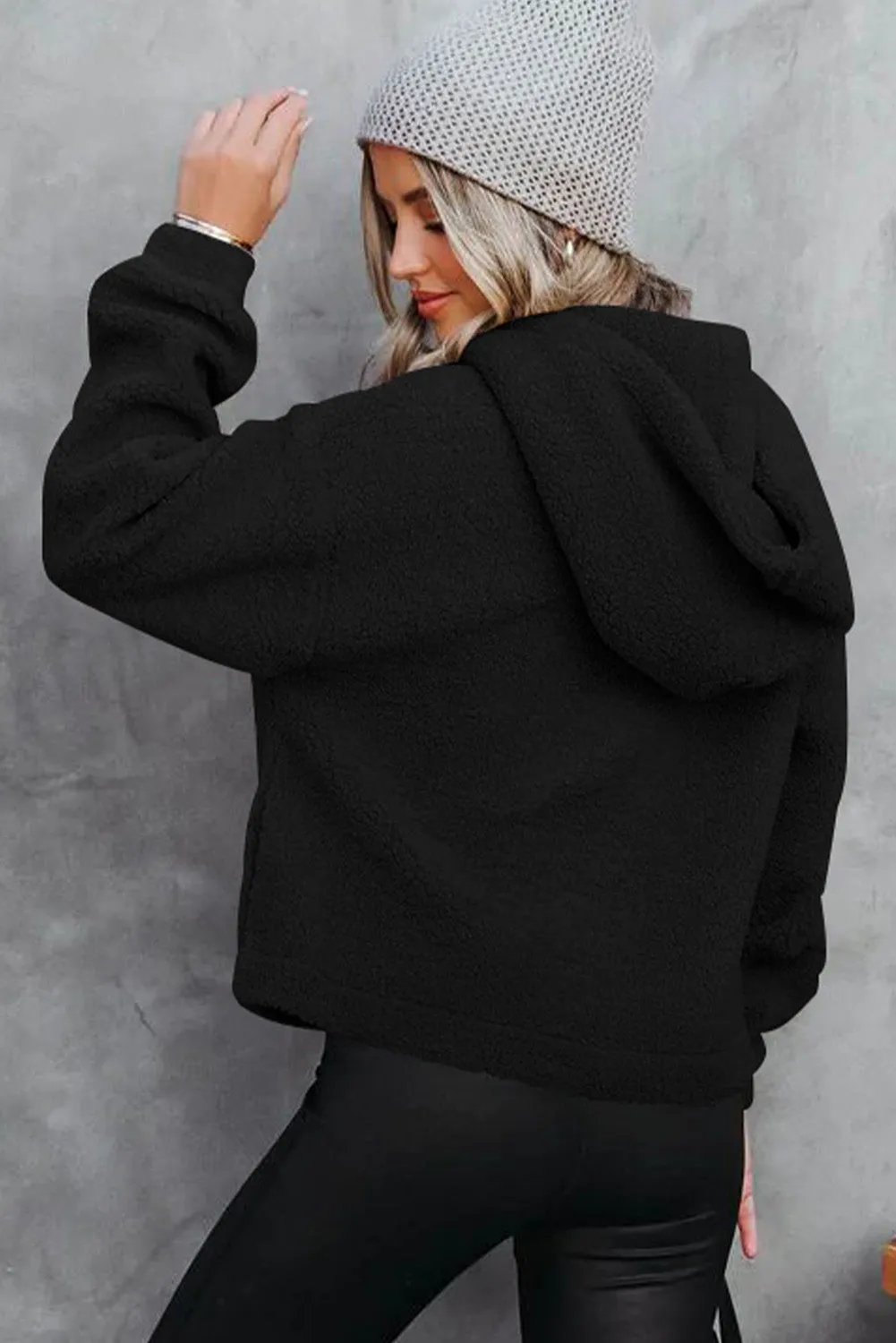 Black Half Button Hooded Loose Teddy Sweatshirt