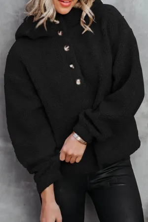 Black Half Button Hooded Loose Teddy Sweatshirt