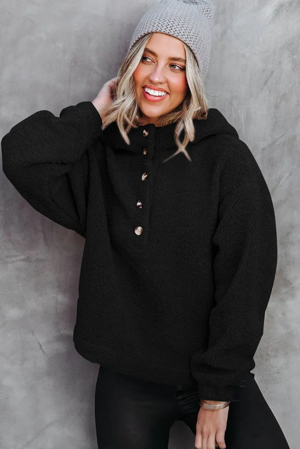 Black Half Button Hooded Loose Teddy Sweatshirt