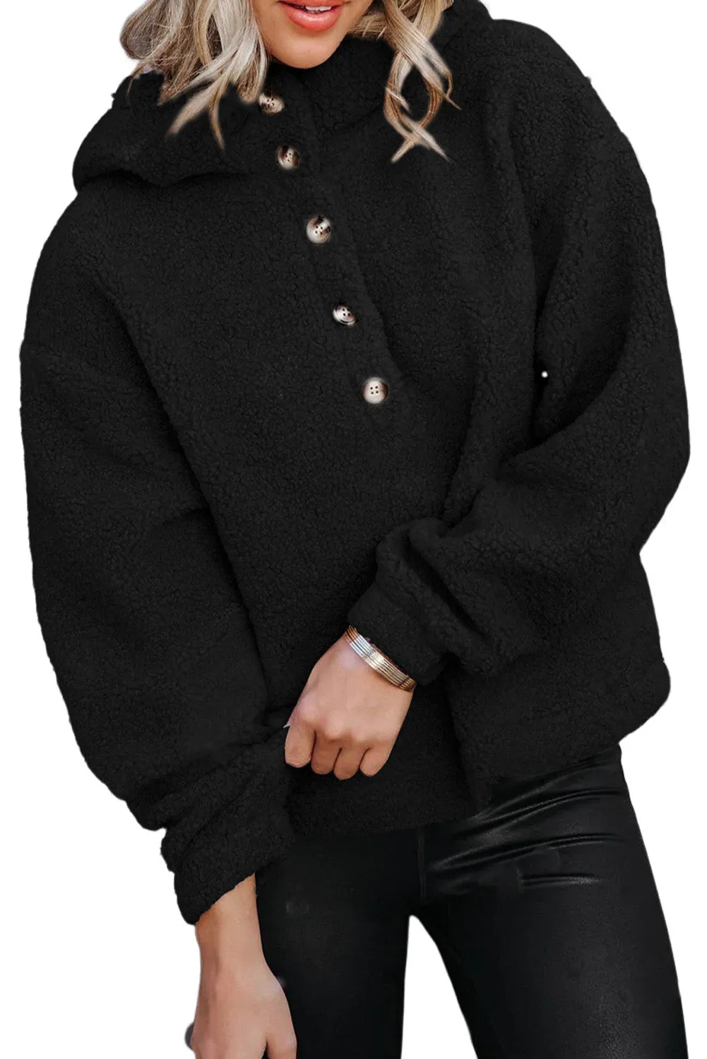 Black Half Button Hooded Loose Teddy Sweatshirt
