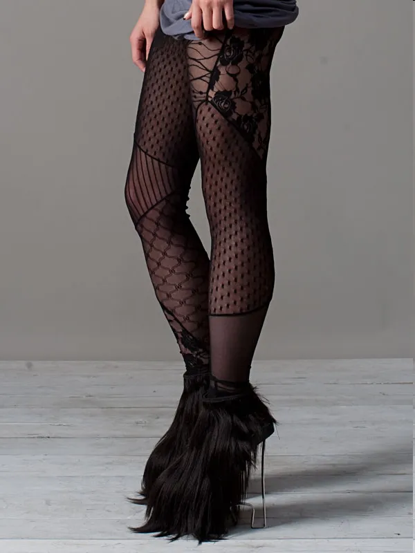 BLACK PATCHWORK LACE LEGGINGS