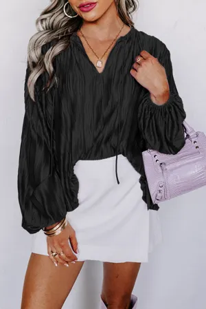 Black Textured Bubble Sleeve V Neck Loose Blouse