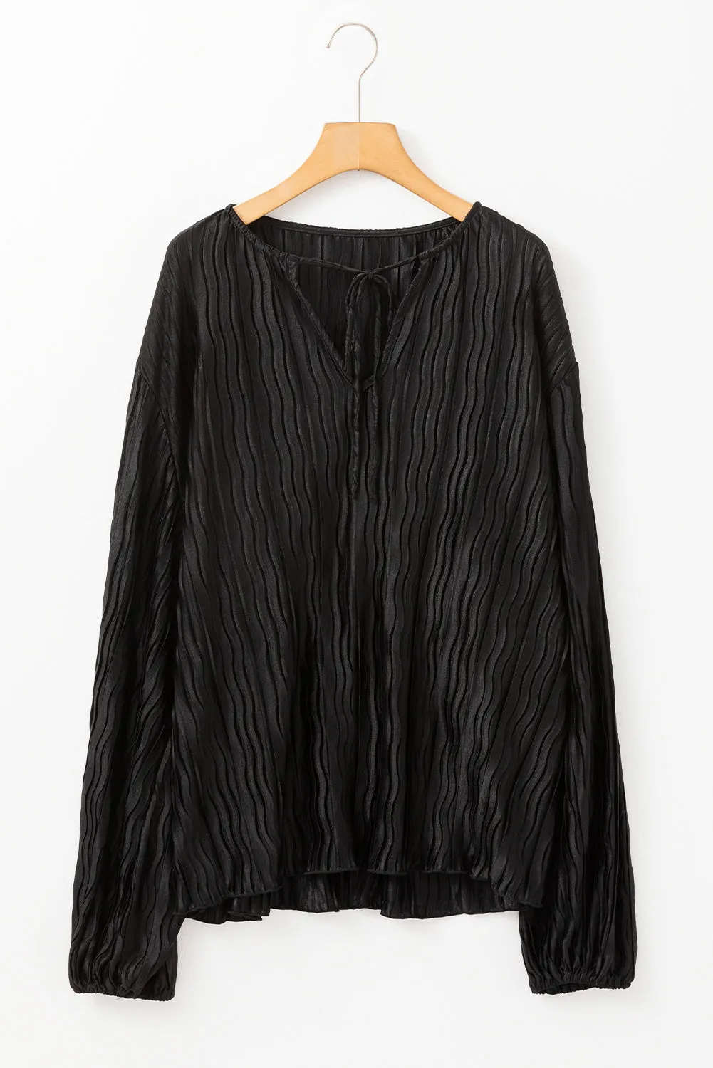 Black Textured Bubble Sleeve V Neck Loose Blouse