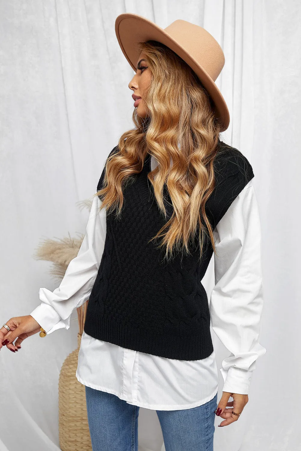 Black V-Neck Twist Knitted Vest Sweater