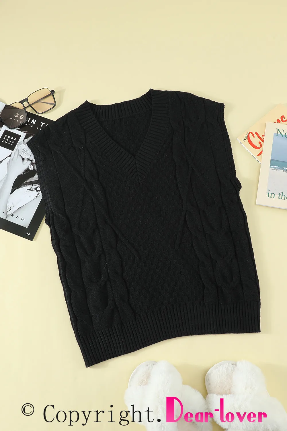 Black V-Neck Twist Knitted Vest Sweater