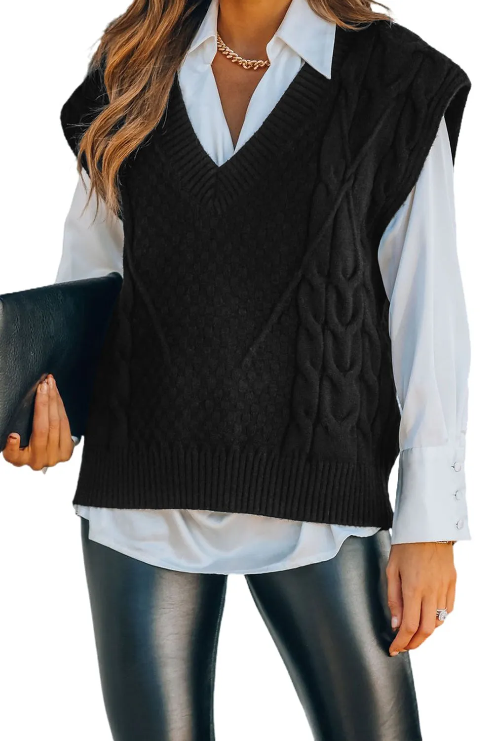 Black V-Neck Twist Knitted Vest Sweater