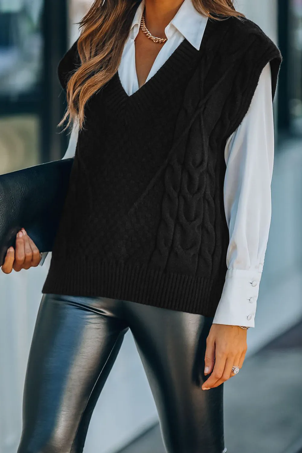Black V-Neck Twist Knitted Vest Sweater