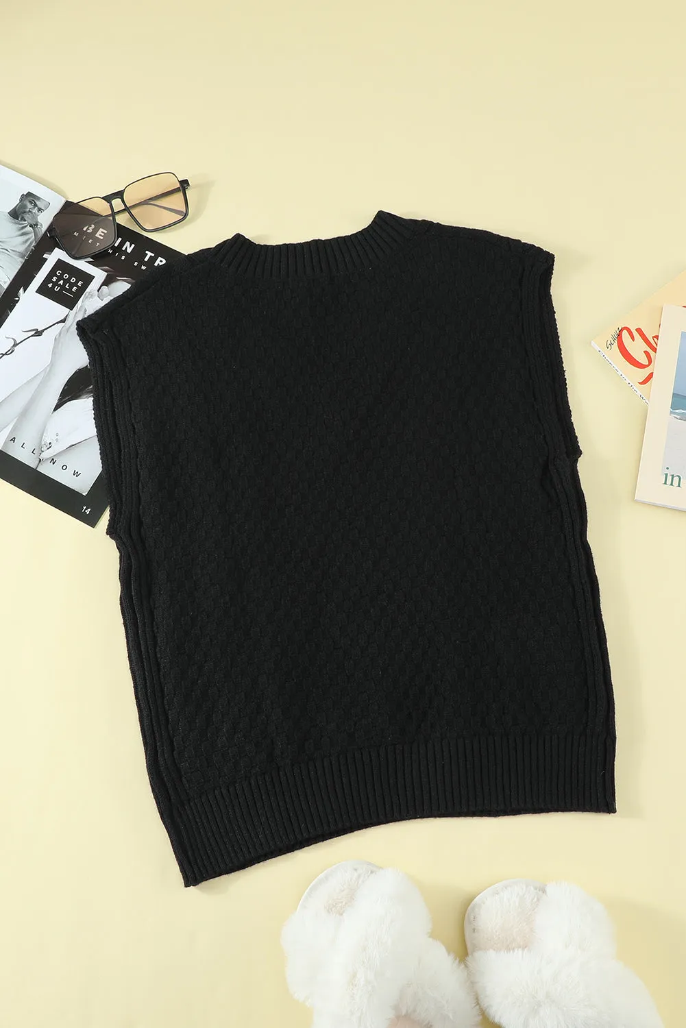 Black V-Neck Twist Knitted Vest Sweater