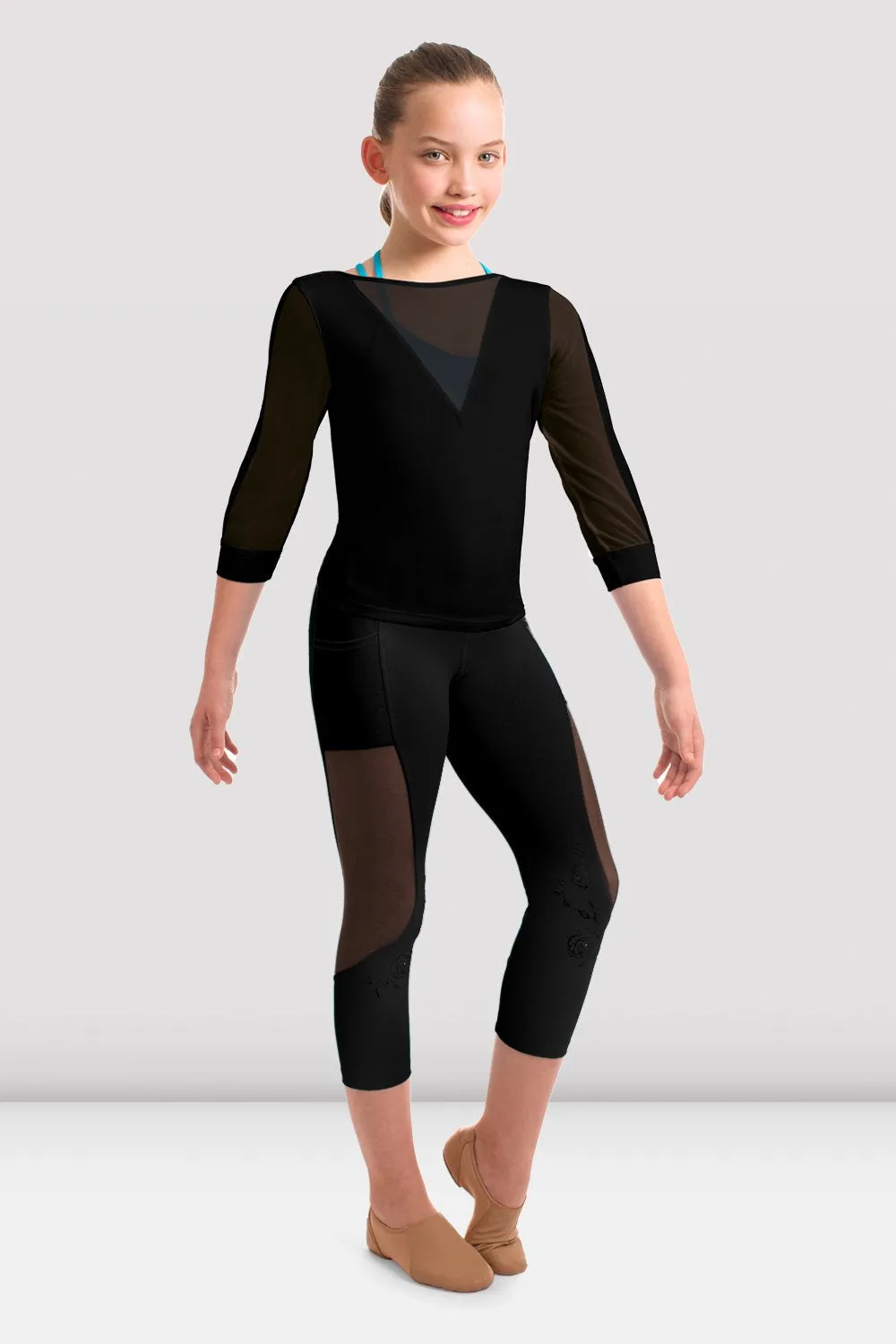 Bloch FT5072C Girls Jamei Mesh Panelled 3/4 Sleeve Top