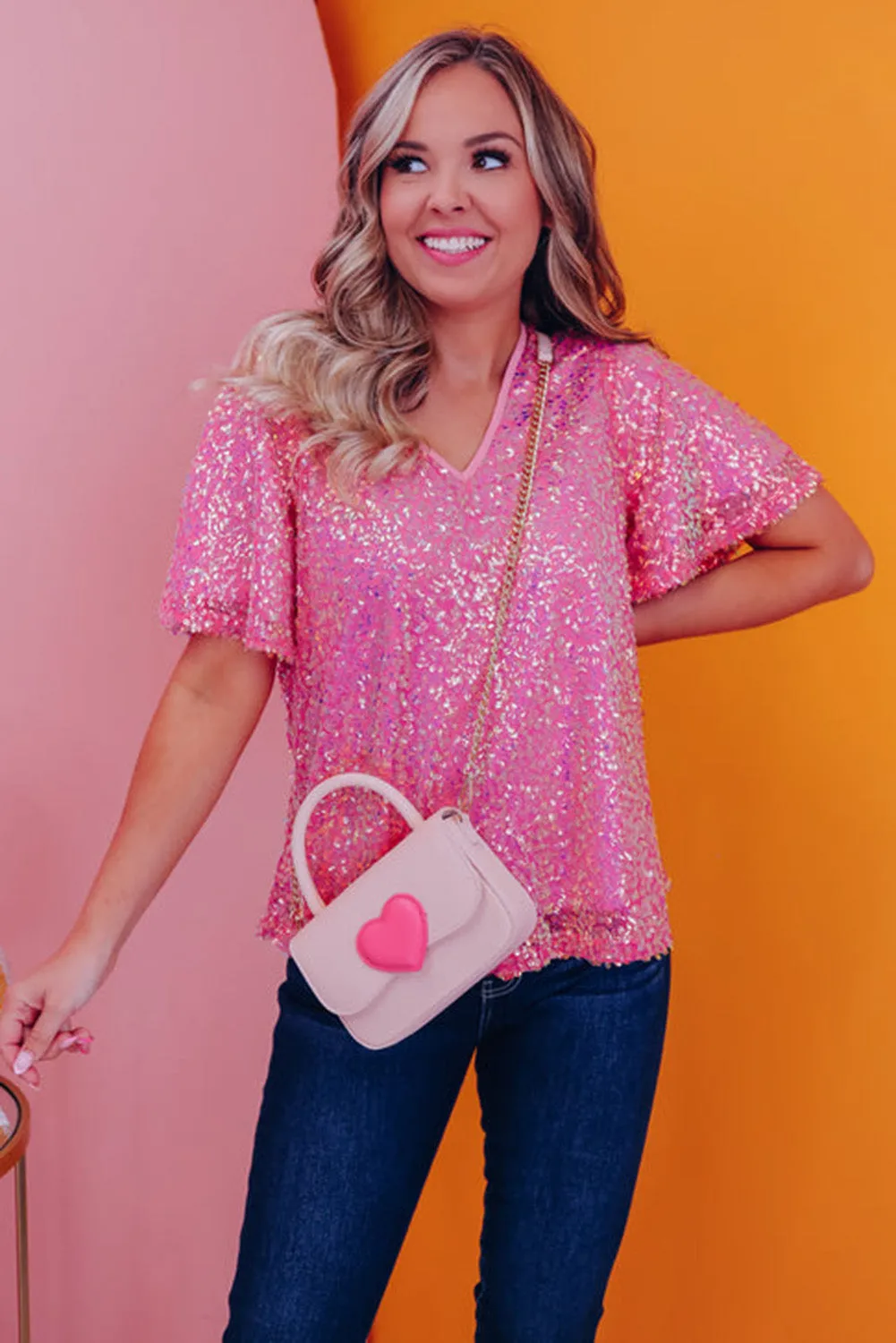 Bonbon  V Neck Wide Sleeve Sequin Top