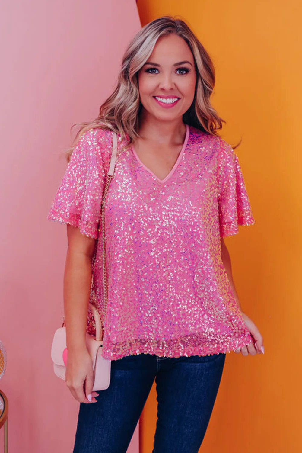 Bonbon  V Neck Wide Sleeve Sequin Top