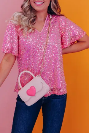 Bonbon  V Neck Wide Sleeve Sequin Top