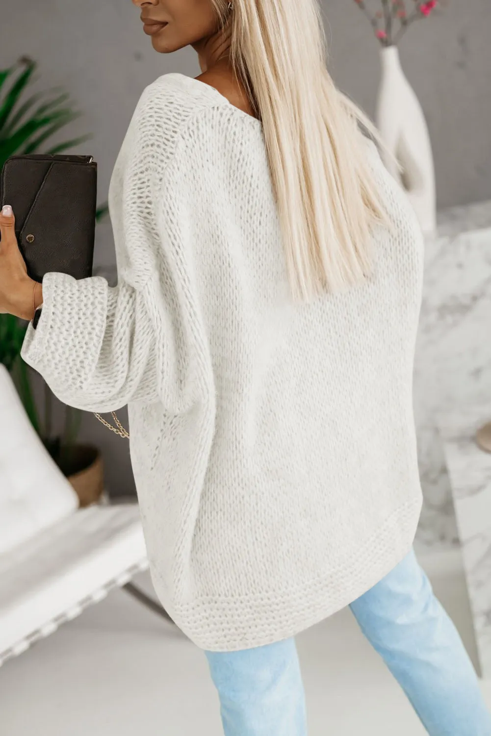 Bright White Loose Knitted V Neck Sweater