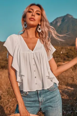 Button Through Ruffle Trim Blouse