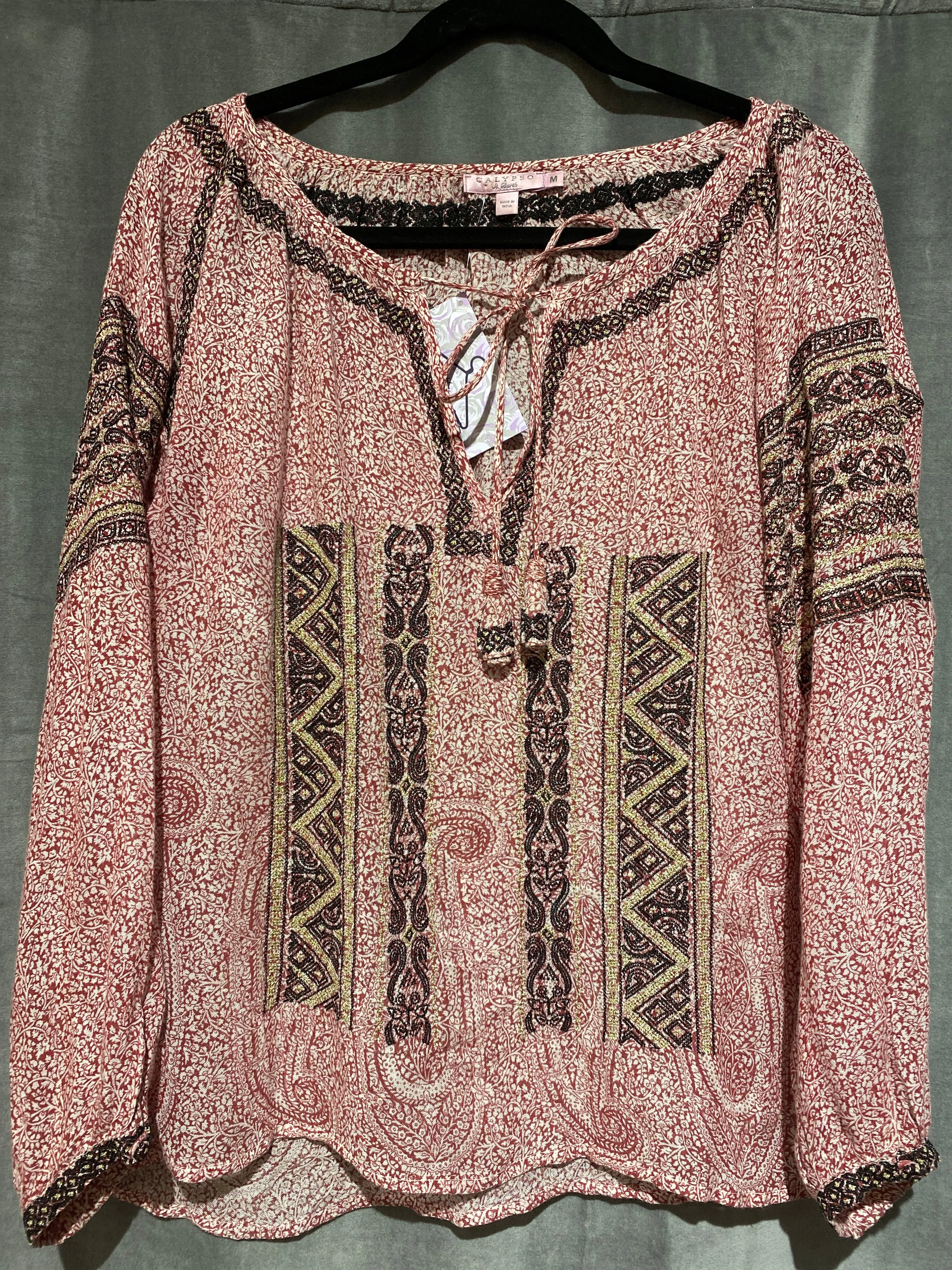 Calypso St. Barth Red Printed blouse V Neck with Strings