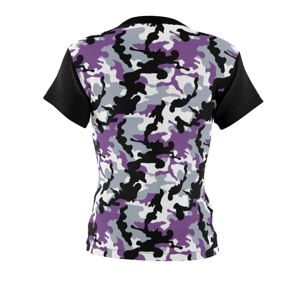 Camo Pattern Women's Tee Purple, White and Black Camouflage With Contrast Sleeves