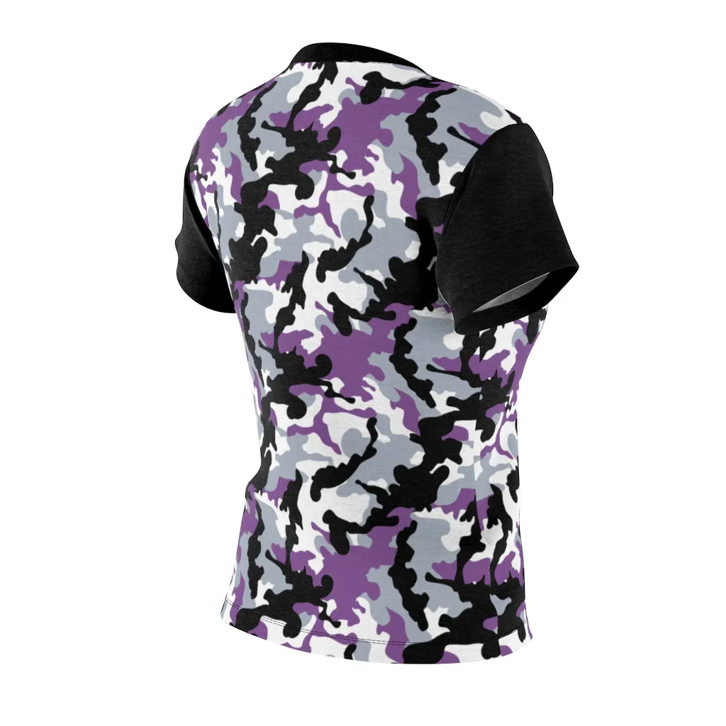 Camo Pattern Women's Tee Purple, White and Black Camouflage With Contrast Sleeves