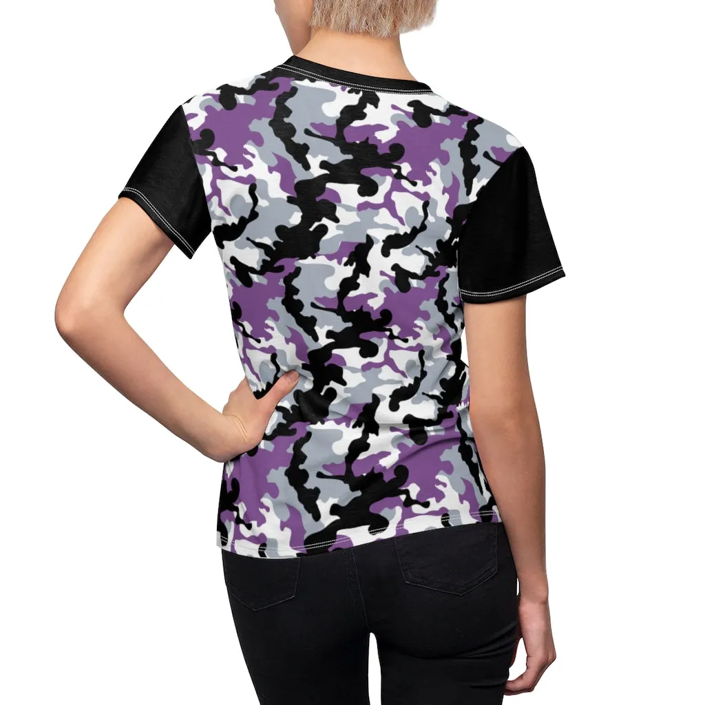 Camo Pattern Women's Tee Purple, White and Black Camouflage With Contrast Sleeves