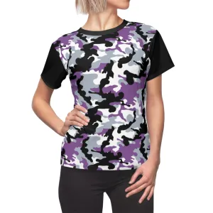 Camo Pattern Women's Tee Purple, White and Black Camouflage With Contrast Sleeves