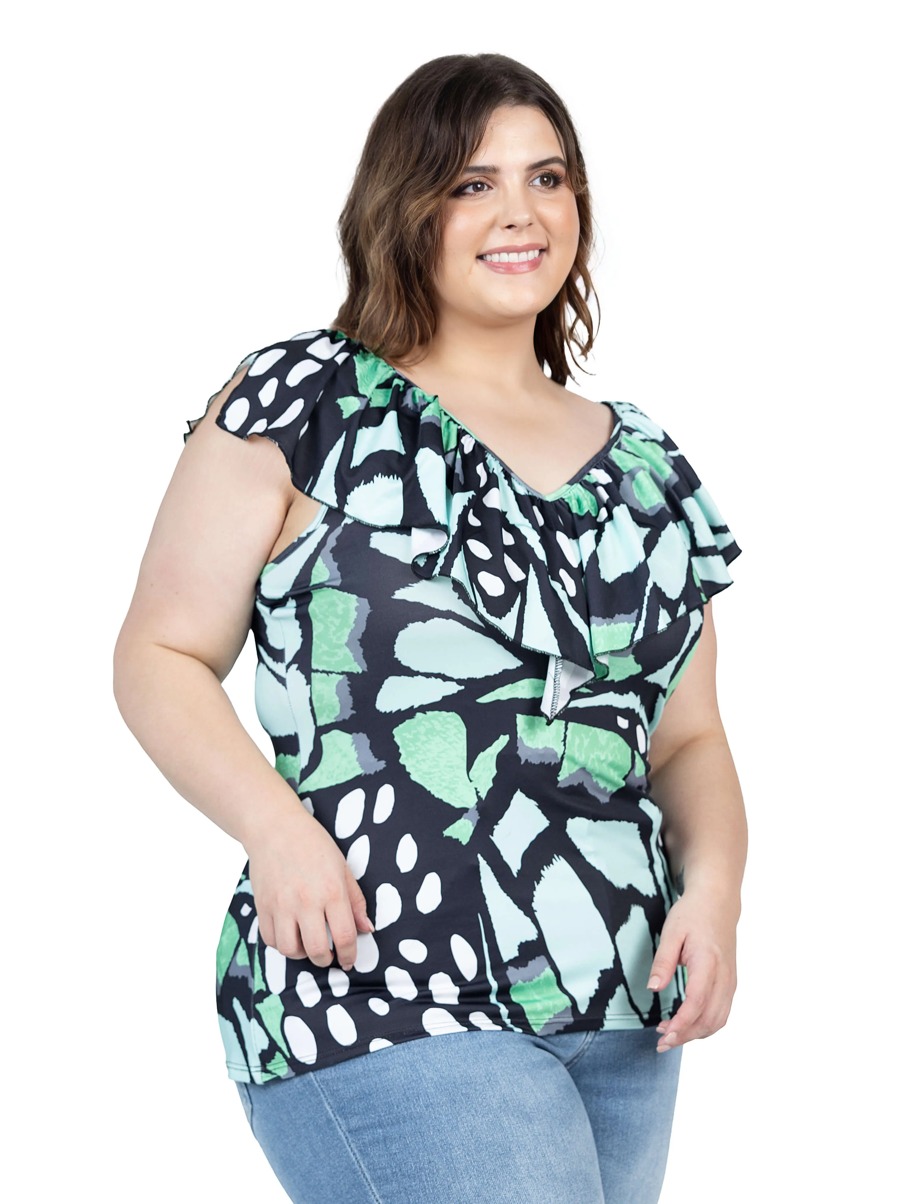 Cap Sleeve Green Butterfly Print Ruffle V Neck Plus Size Top