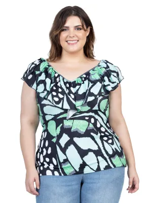 Cap Sleeve Green Butterfly Print Ruffle V Neck Plus Size Top