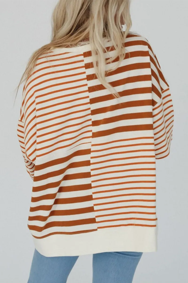 Casual Stripe Buttons Patchwork Contrast O Neck T-Shirts