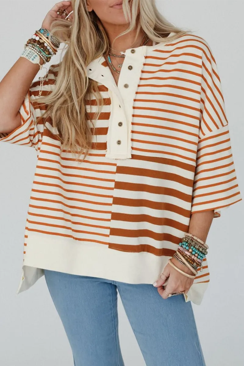 Casual Stripe Buttons Patchwork Contrast O Neck T-Shirts