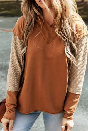 Chestnut Contrast Splicing Sleeves Hooded Sweatshirt