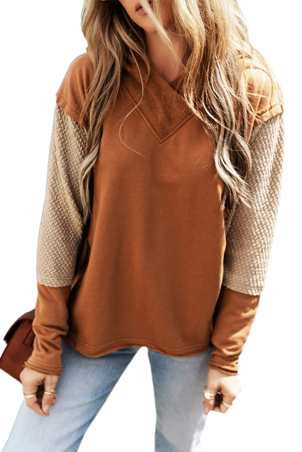 Chestnut Contrast Splicing Sleeves Hooded Sweatshirt